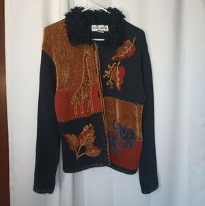 Victoria Harbour Womens Patchwork Animal Cardigan Medium Safari Elephant Vtg